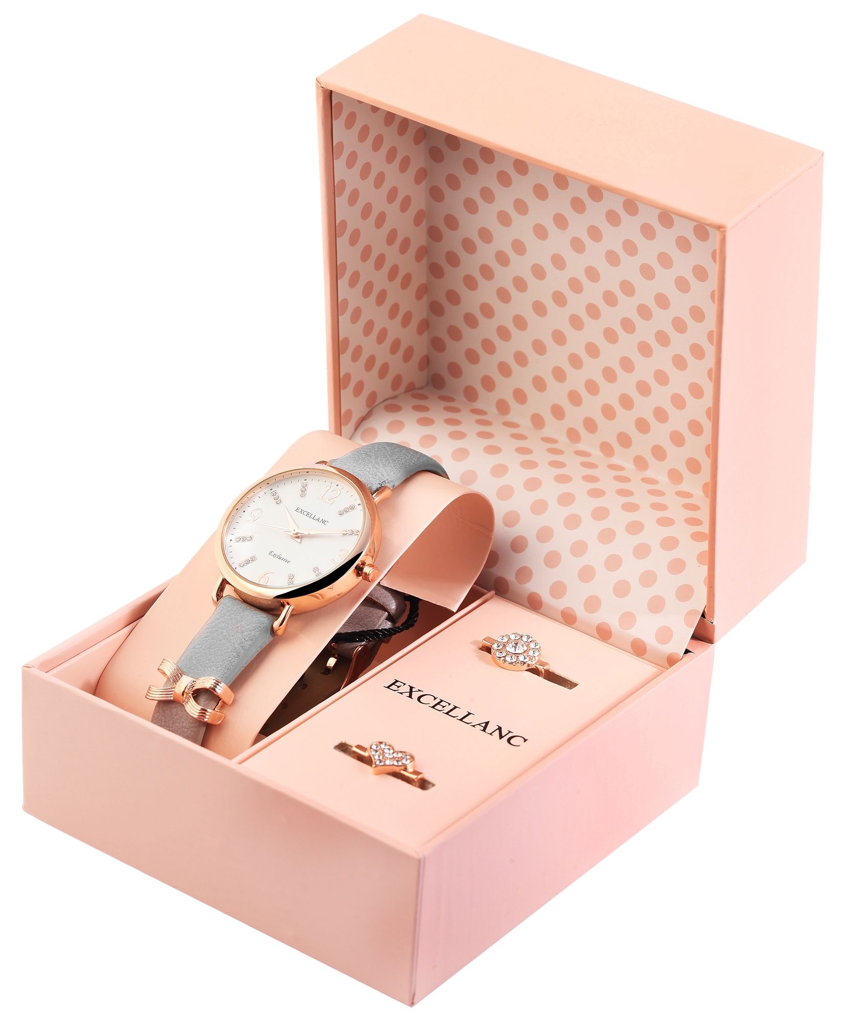 Excellanc Damengeschenkset mit Armbanduhr und drei Charms, grau/roségoldfarbig