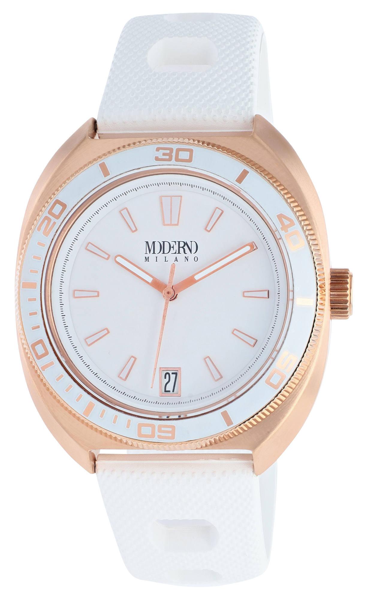 Moderno Milano Edelstahl Herrenuhr Ø 42 mm, Kunststoffband, Saphirglas, weiß/ rosegoldfarben