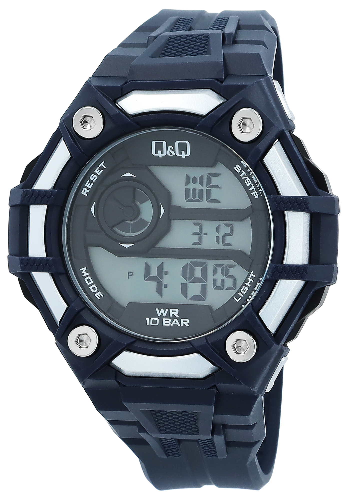 Q&Q Herren Digitaluhr, Silikonarmband, multifunktion, sportlich, blau/silberfarben