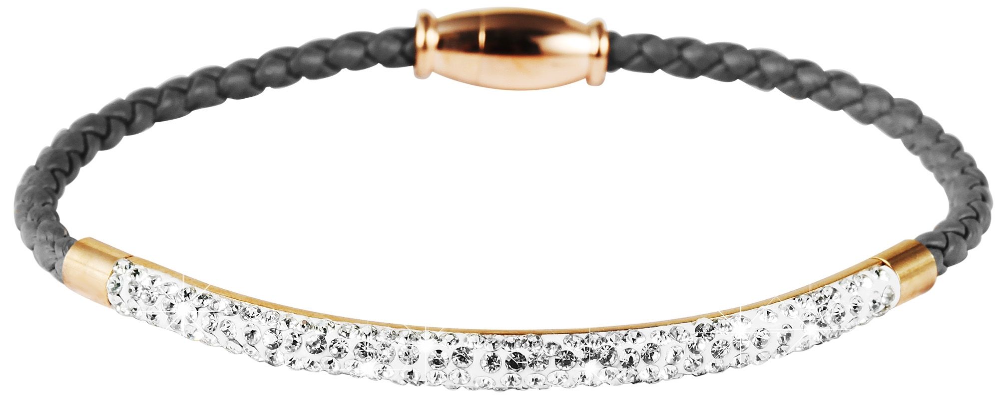 Akzent Armband aus geflochtenem Lederimitat und Edelstahlelementen, Similibesatz, grau/roségoldfarben