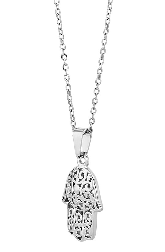 "Hamsa - Hand der Fatima" Edelstahkette mit Anhänger, 45 cm, silberfarben