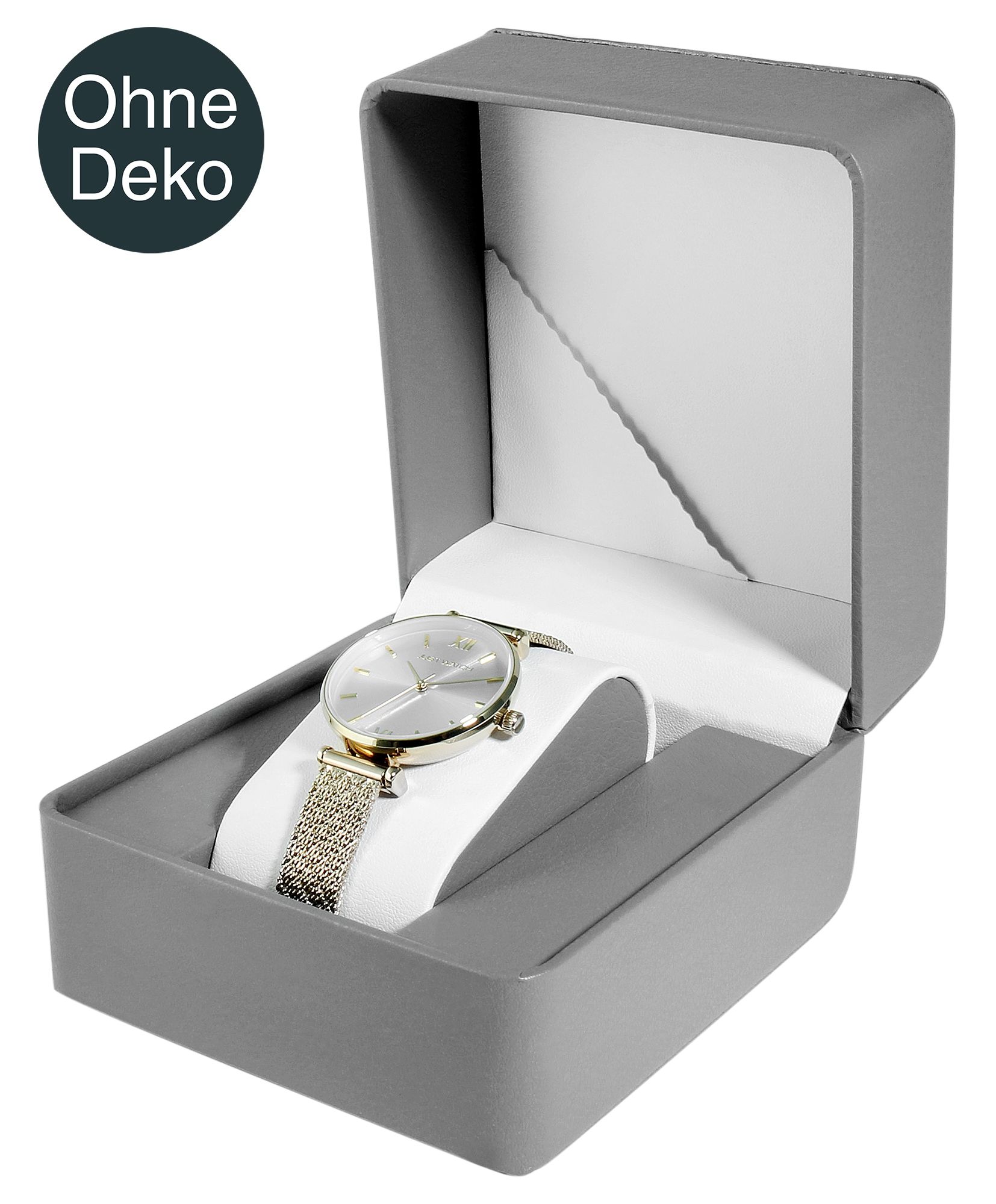 Aufklappbare Uhrenbox mit Kissen, Lederimitat, 11 x 10 x 7 cm, grau