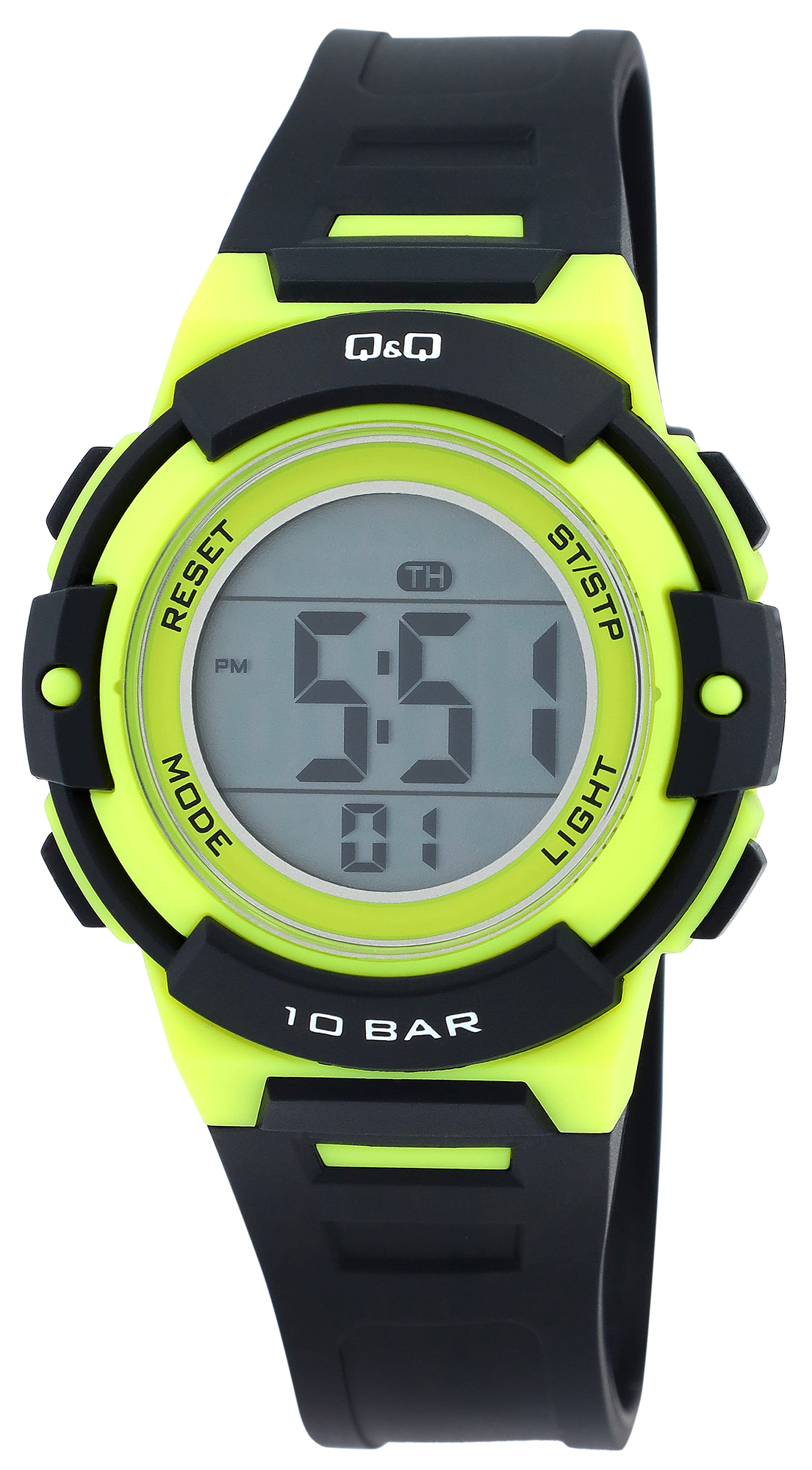 Q&Q Digitale Herren- & Jugenduhr, Resinband Ø 36 mm, 10 ATM, schwarz/ gelb