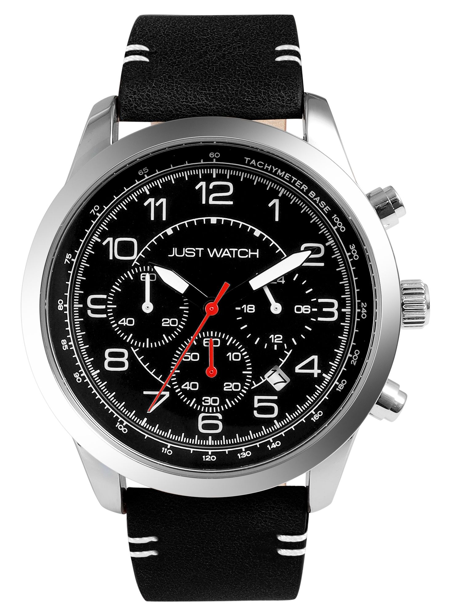 Just Watch Herrenchronograph, Lederarmband, 5 ATM, schwarz