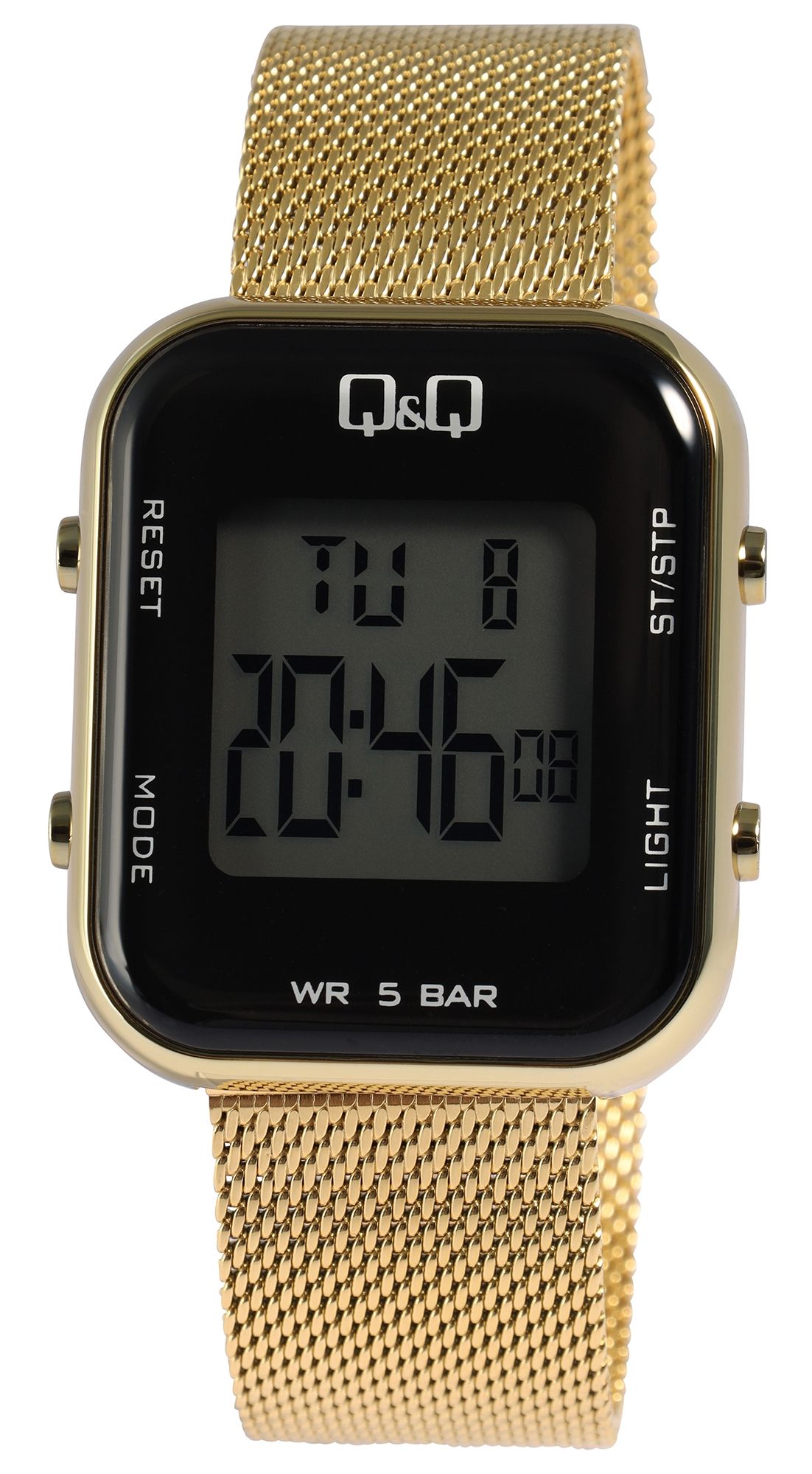Q&Q Digitaluhr für Damen mit Meshband, Dual Time, 5 ATM, goldfarbig