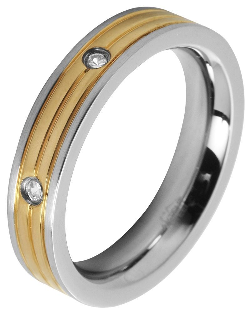 Akzent Damen-Ring aus Edelstahl, Zirkoniabesatz, silber-/ goldfarben, Gr. 60