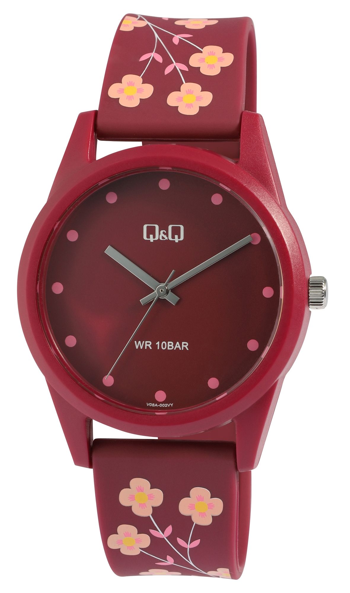 Q&Q Damenuhr mit Silikonarmband, Ø 39 mm, dunkelrot/ Blumendesign