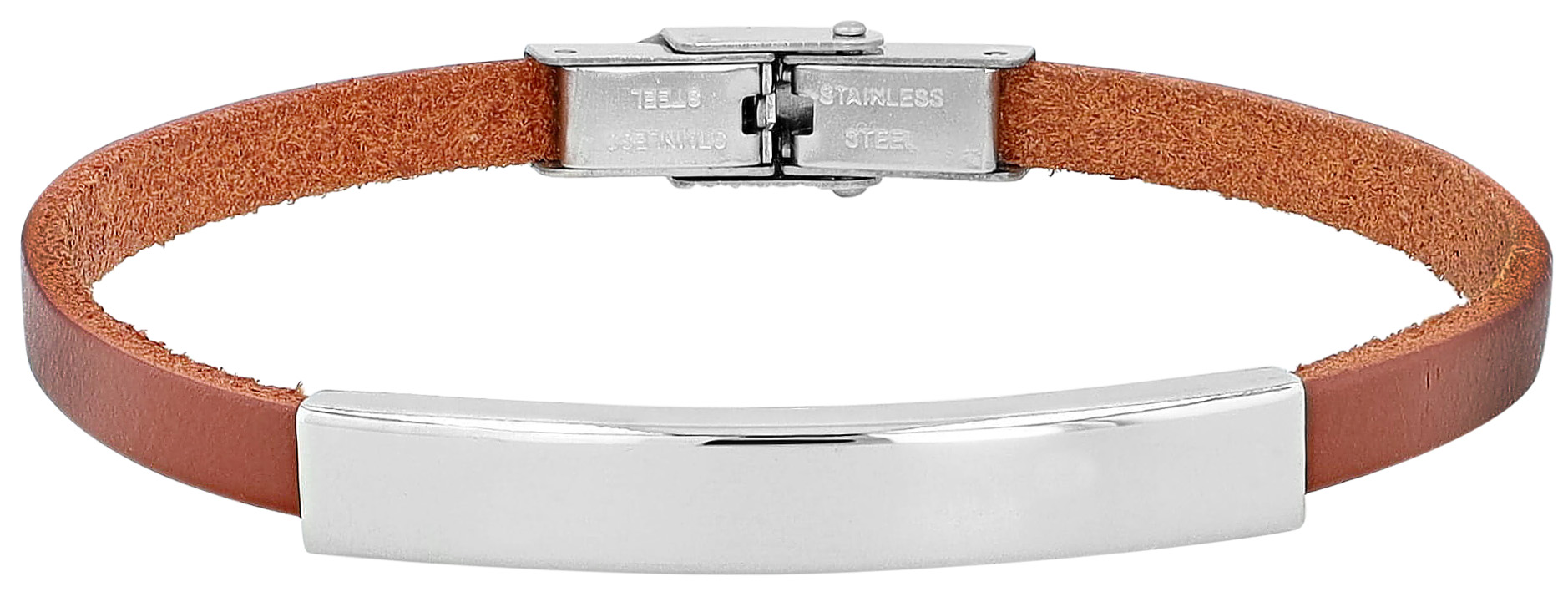 "Colin", Echtlederarmband, Edelstahlgravurplatte, hellbraun/silberfarben, 21 cm