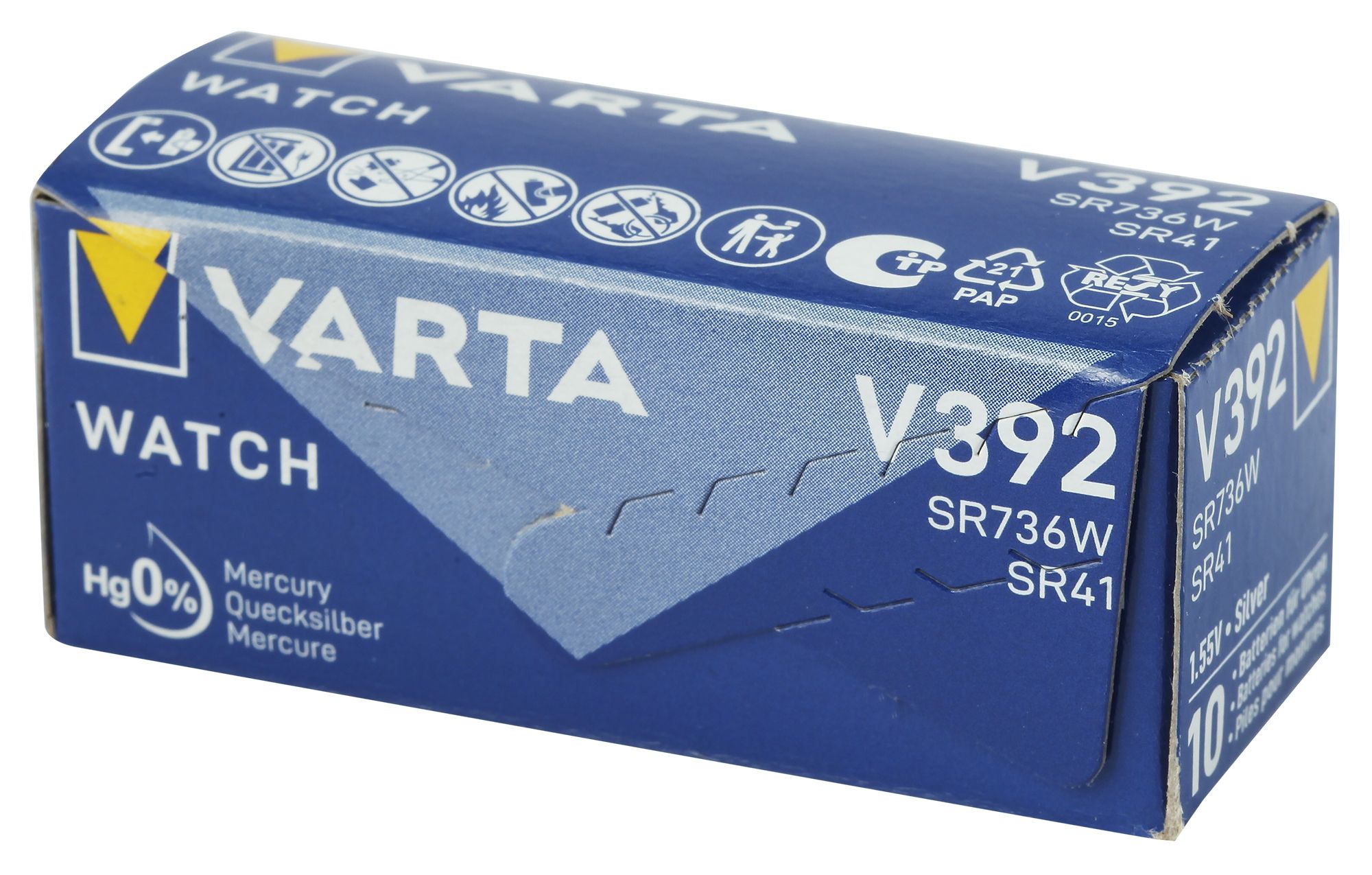 Varta Batterie V392/547 (AG3 // SR41W/SR736SW) Silberoxid Knopfzellen 1,55 V - Verpackungseinheit 10 Stück