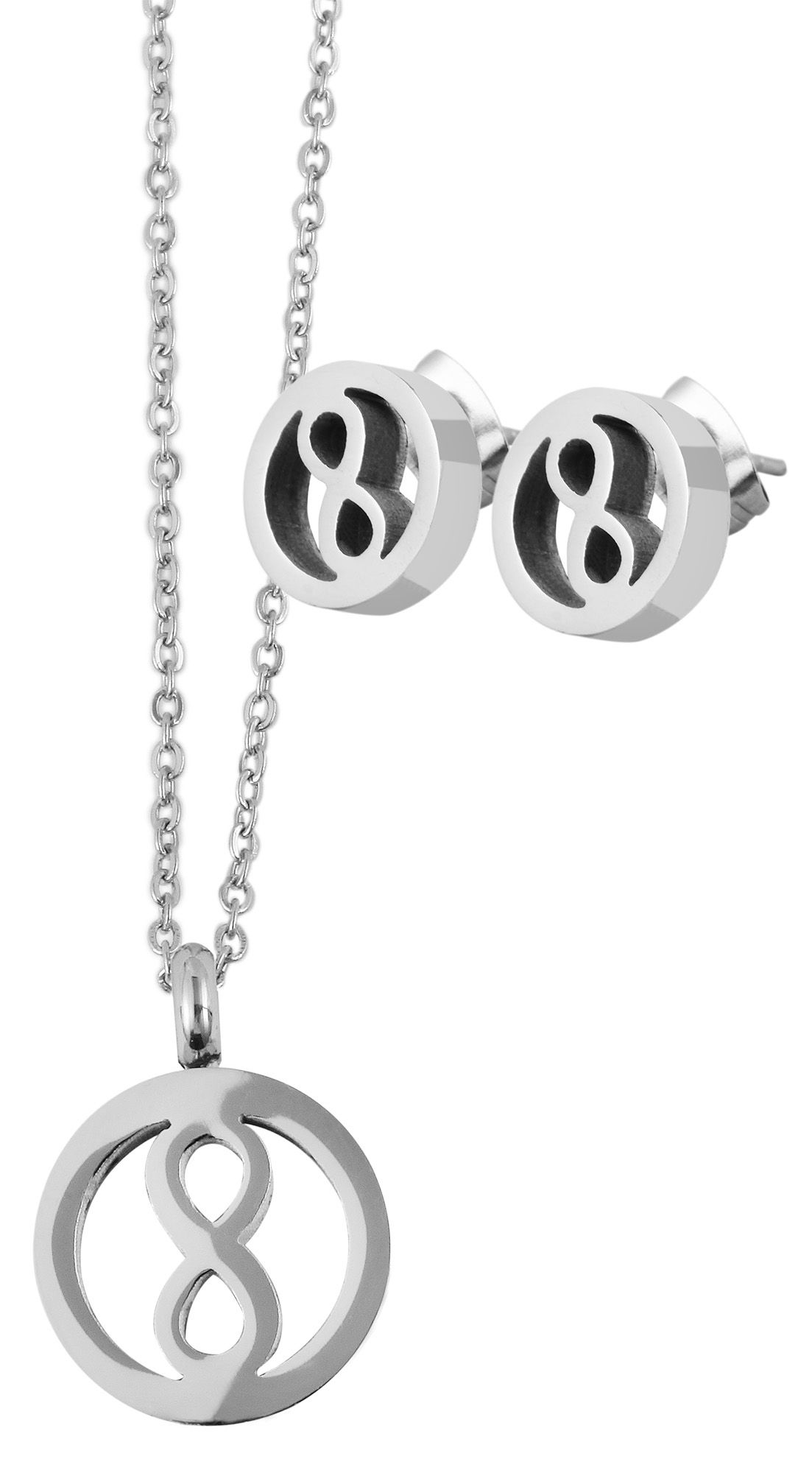 Akzent Edelstahl Schmuckset (Kette mit Anhänger & Ohrringen), Unendlichkeitszeichen, silberfarbig