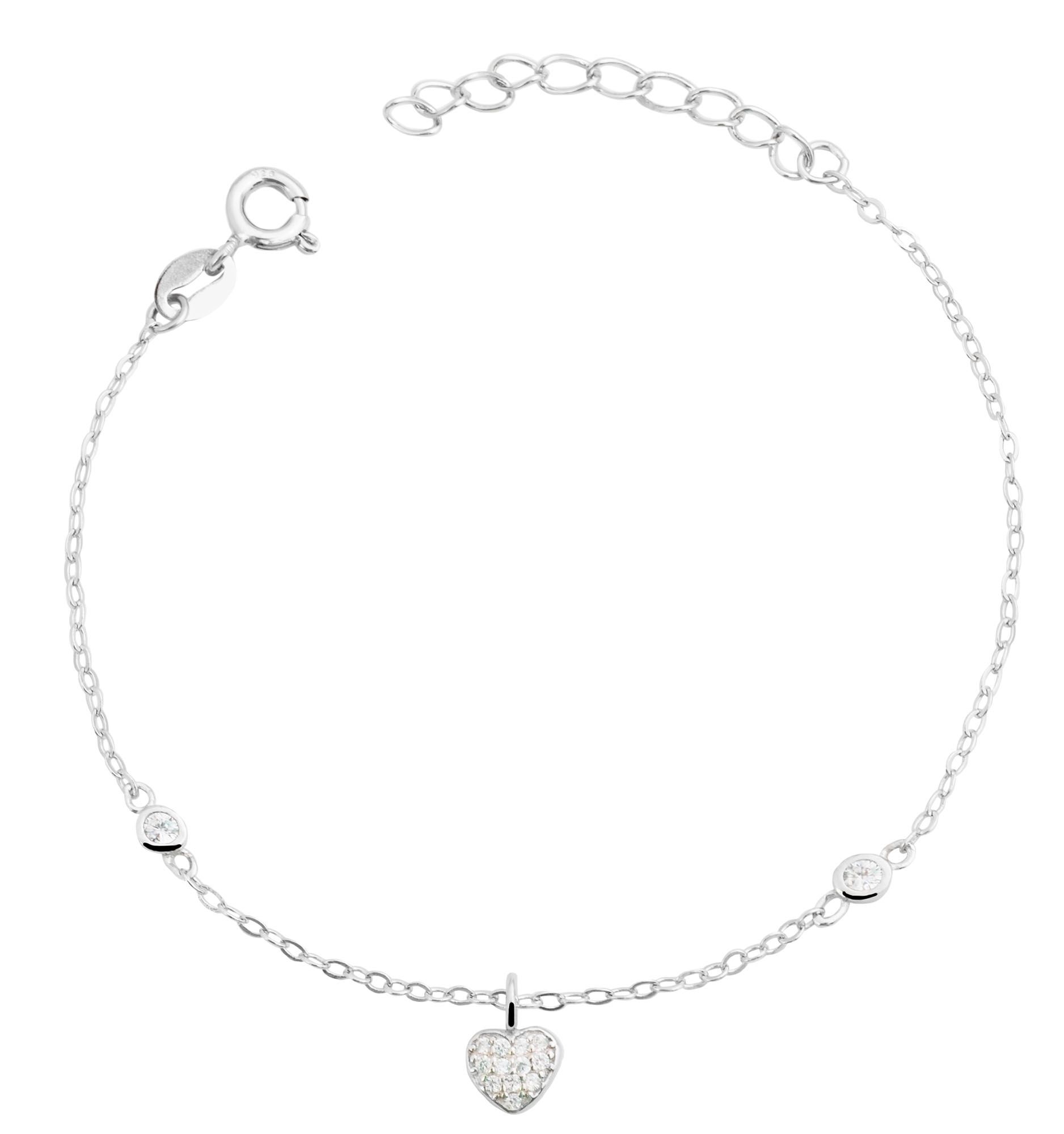 925/- Echt Silber Armband "Berta" mit Herzanhänger und Zirkoniabesatz, 14+3 cm, 925/rhodiniert