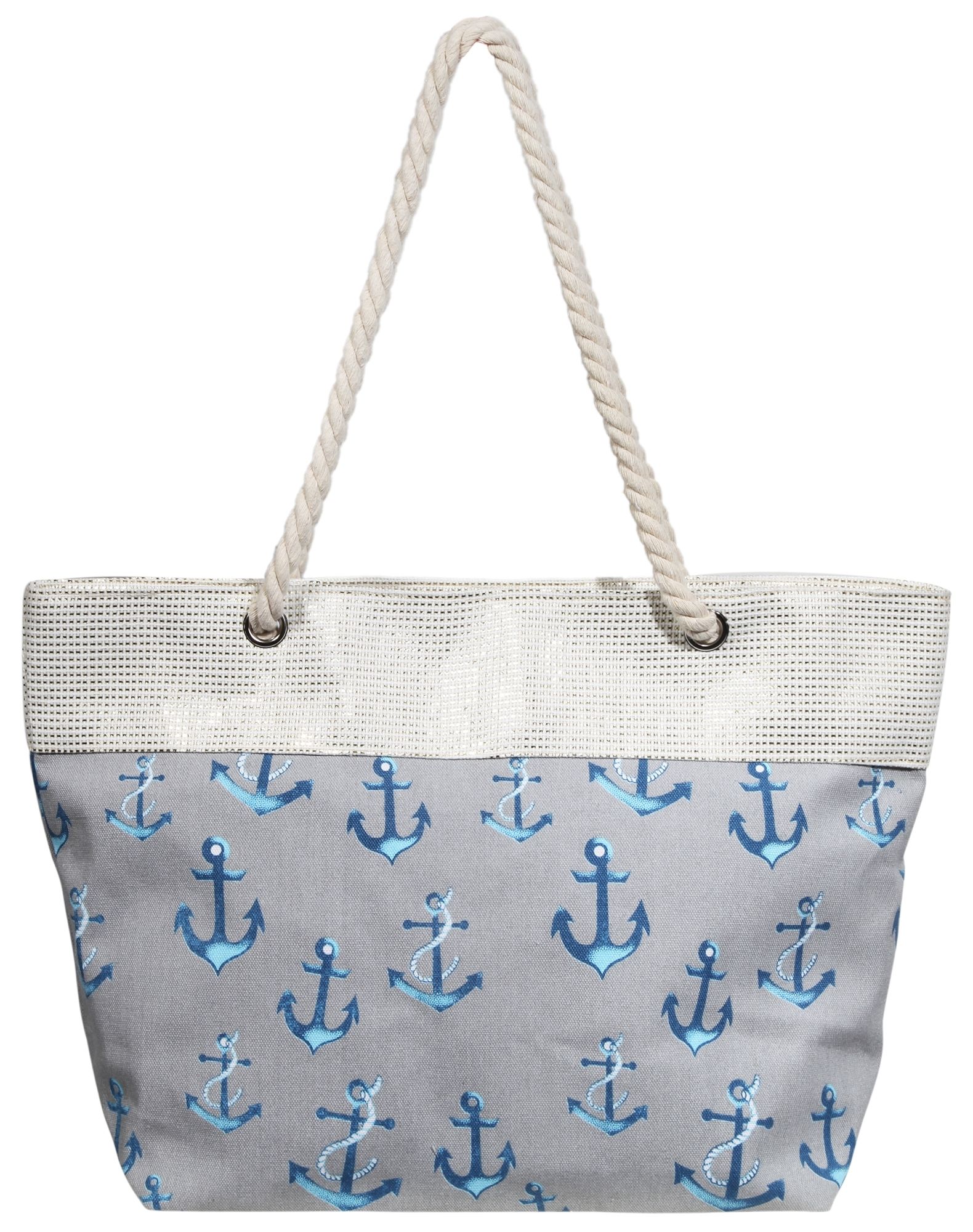 Strandtasche aus Textil mit Ankermotiven in Grau