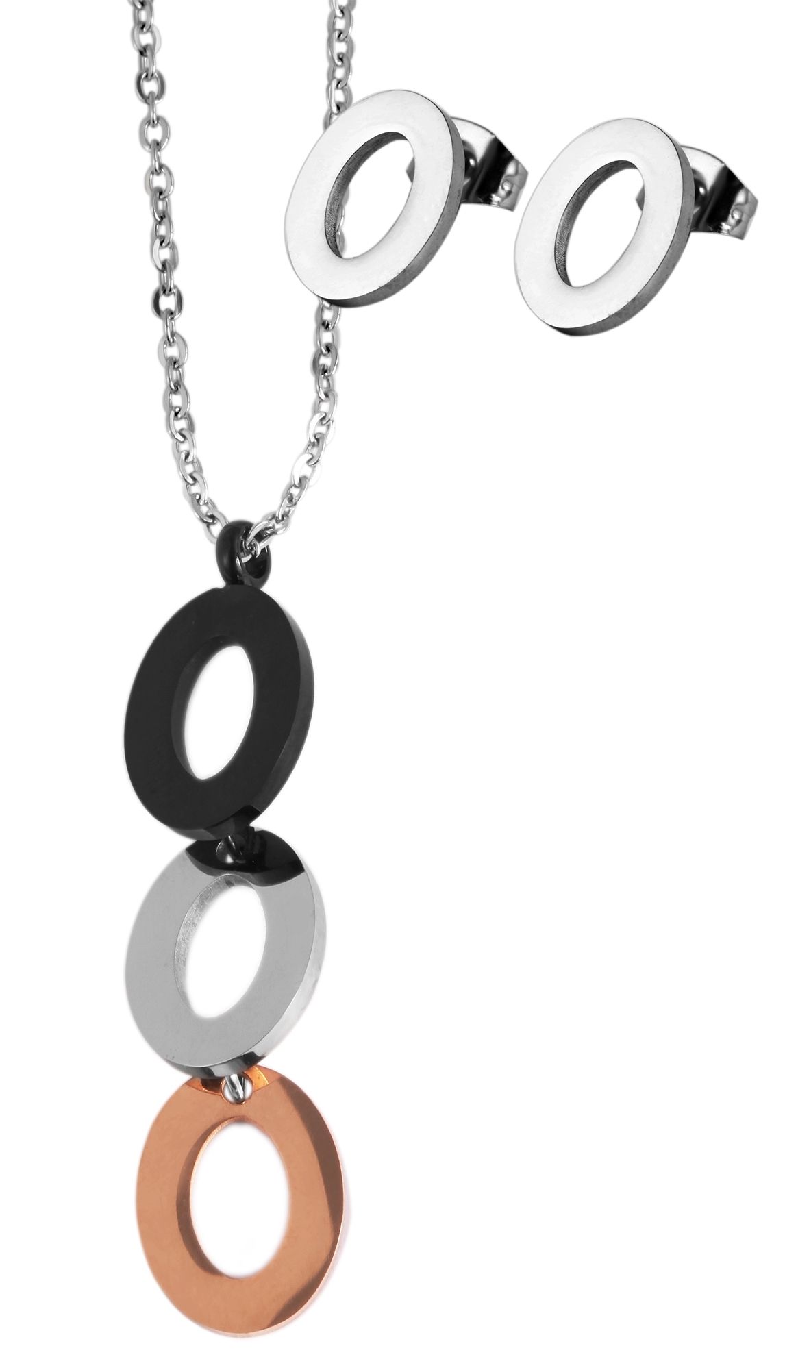 Edelstahl Schmuckset, Kette 43 + 5cm mit Anhänger + Ohrringe, tricolor