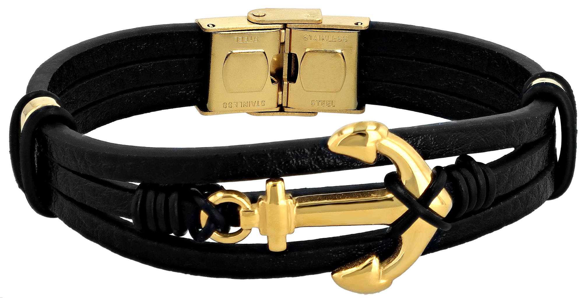 "Baltura", Akzent Lederarmband, Edelstahl Anker, schwarz/goldfarben, 19 cm