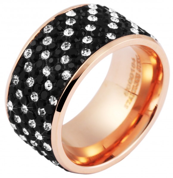 Akzent Ring für Damen, Edelstahl, schwarzer & weißer Similibesatz, roségoldfarben