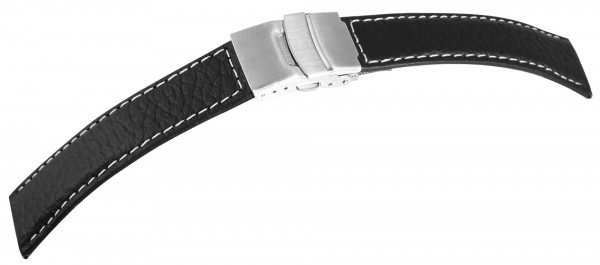 Echtleder-Uhrenarmband, schwarz, weiße Naht, Faltschließe, 18 mm - 22 mm