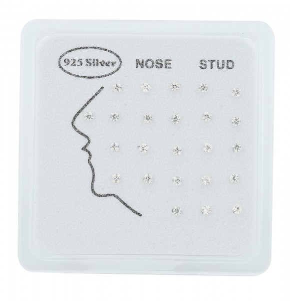 925 Silber Nasen Piercings, 24 Stück, Stabstärke 0,5 mm / Stablänge 6 mm / Ø 2 oder 2,5 mm