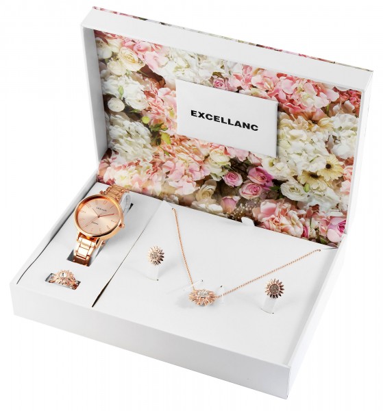 Excellanc Damen Geschenkset mit Uhr, Halskette, Fingerring und Ohrsteckern