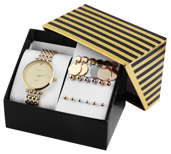 Excellanc Uhrenset / Geschenkset Damenuhr mit Metallband in Kombination mit unterschiedlichen Ohrste