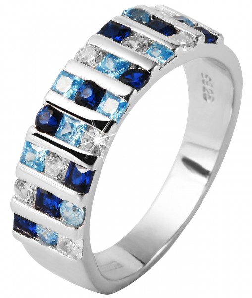 925 Echt Silber Ring mit blau-weißem Zirkoniabesatz, 925/rhodiniert