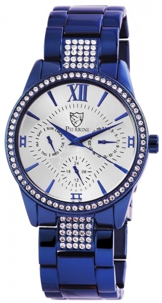 Pierrini 3-Zeiger Damenarmbanduhr mit Edelstahlarmband, blau beschichtet, Chronooptik