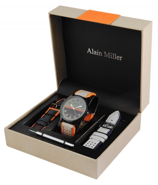 Alain Miller Uhrenset / Geschenkset Herrenuhr mit 2 Bändern aus Lederimitat