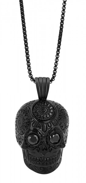 Akzent Halskette aus Edelstahl, Totenkopf mit Ornamenten, 60 cm