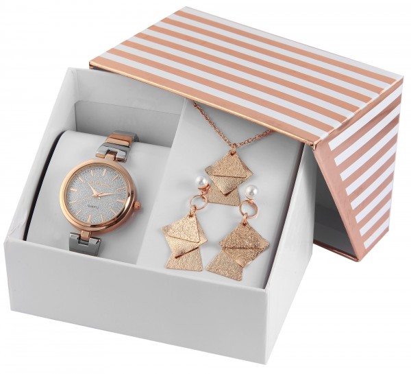 Excellanc Uhrenset/ Geschenkset Damenuhr mit Metallband in Kombination mit Halskette und Ohrsteckern