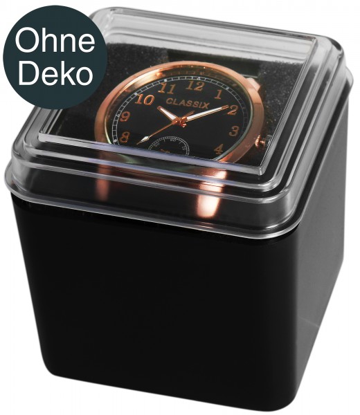 Kunststoff-Uhrenbox, schwarz, transparenter Deckel, VE 12, 7,7 cm x 7,7 cm x 7,4 cm