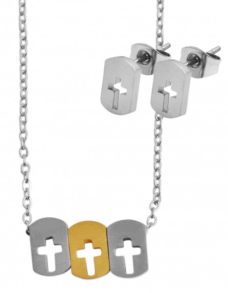 Akzent Edelstahl Schmuckset, Kette + Ohrstecker, Kreuz/ Dogtag, matt