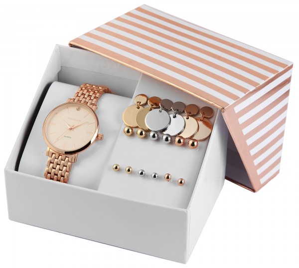Excellanc Uhrenset / Geschenkset Damenuhr mit Metallband in Kombination mit unterschiedlichen Ohrste
