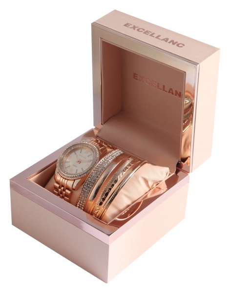 Excellanc Uhrenset / Geschenkset bestehend aus Damenuhr in Kombination mit modischen Armreifen