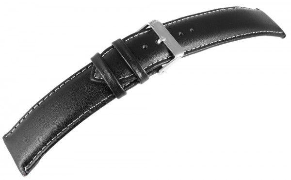Echtleder-Uhrenarmband, schwarz mit weißer Naht, 12 mm - 24 mm